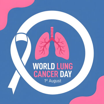 World Lung Cancer Day Awareness Ribbon with Lungs Illustration on Gradient Background
