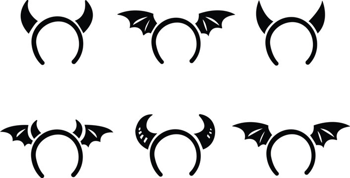 Silhouette icon set of 6 Halloween headbands featuring devil horns and bat wings for costume and party design. isolated on transparent background.