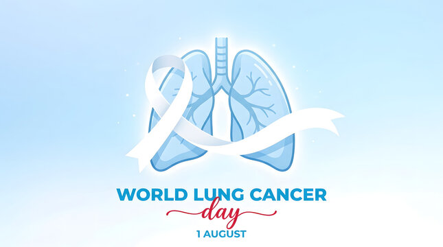 World Lung Cancer Day Awareness Ribbon with Human Lungs Illustration on Teal Background