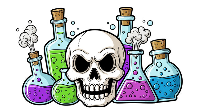 Cartoon style illustration of a skull surrounded by bubbling, colorful laboratory beakers and test tubes, depicting a mad science or dangerous chemical experiment on an isolated white background.