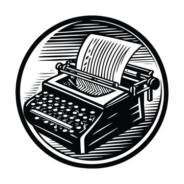 Linocut labor day vector design featuring a vintage typewriter with paper in a round frame. Vintage woodcut circular emblem for journalism, writing, office, and literature work.