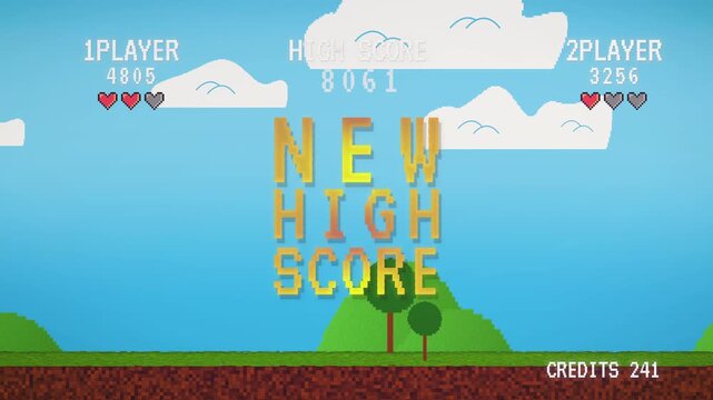 Horizontal retro platformer screen flashing Level Up in pixel text above grassy hills, clouds and trees under a bright sky, great for game trailers and promos