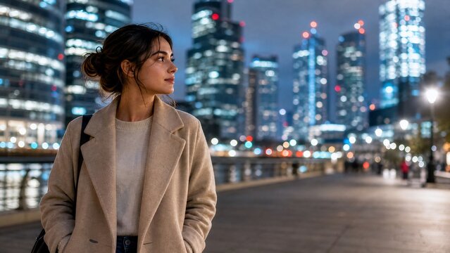 Young Woman Contemplating Modern City Life at Night