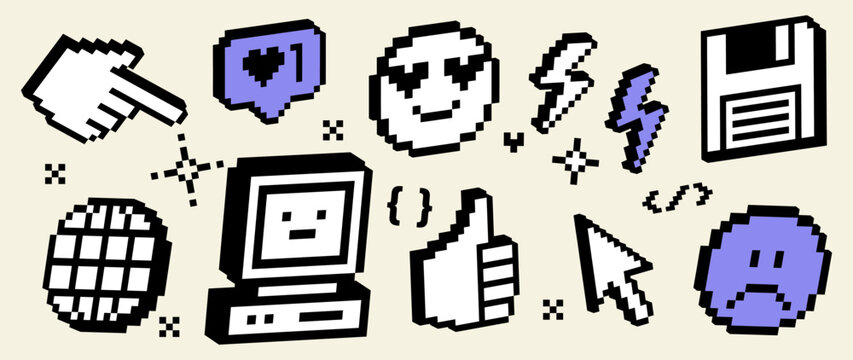 3D Y2K pixel tech UI pack with cursor, notifications, reactions, globe and retro computer icons. 8-bit internet interface elements for technology, digital products, social media, online communication
