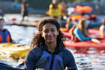 Fototapeta premium A confident young woman stands on the bank after her kayaking session, showcasing her achievement and connection to nature, radiating a sense of fulfillment and adventure.