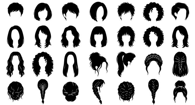 Women Hair Wig Silhouette Vector Pack with Diverse Fashion Hairstyle Clipart Collection