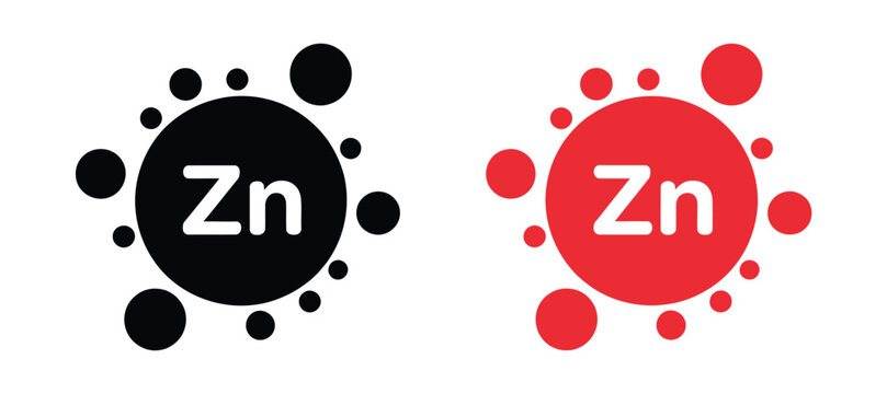 Zinc Zn vector icons with atomic model illustration representing chemical element, essential trace mineral, health supplement, and scientific education themes.