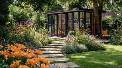 Fototapeta premium Modern Garden Room with Lush Landscaping and Stone Pathway Leading to an Idyllic Retreat