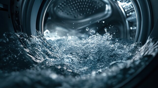 Close-up of water splashing inside a washing machine drum during a cleaning cycle, showcasing powerful agitation and freshness