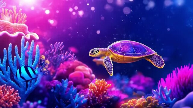 Digital illustration of sea turtle swimming in neon ocean reef environment with vibrant coral formations. Underwater scene concept for kids media or environmental topics.