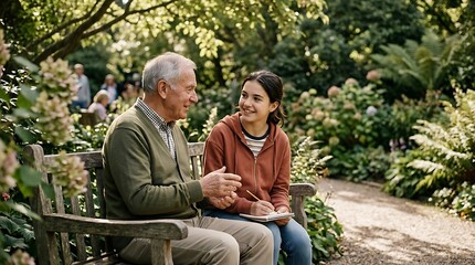 Fototapeta premium Senior Man and Teenage Girl Talking on a Garden Bench
