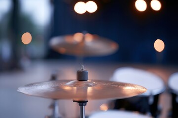 Fototapeta premium Warmly lit golden cymbal on a drum set with soft bokeh lights in the background