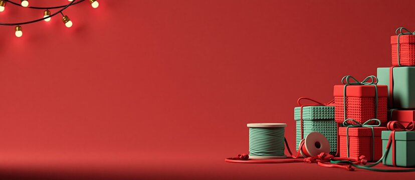 Festive Gift Boxes Stacked with Twine and Twinkling Lights on Red Background