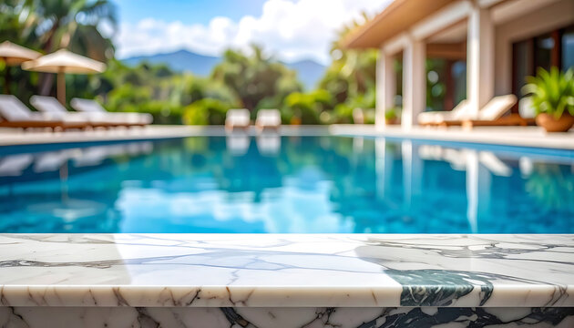 Empty marble table top for product display with blurred tropical swimming pool background