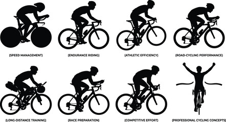 Fototapeta premium Road Cyclist Silhouette Set Featuring Racing Training Endurance and Victory Poses