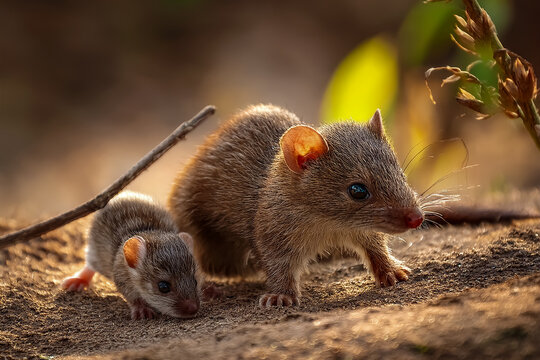 Eine Spitzmaus mit Jungtier auf Futtersuche