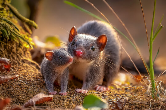 Eine Spitzmaus mit Jungtier auf Futtersuche