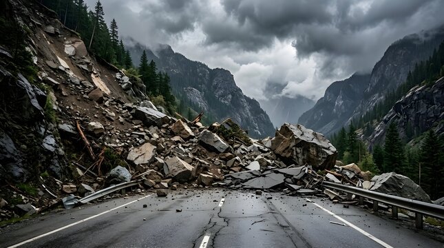 Massive rockslide blocking a mountain road after a storm