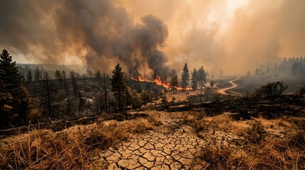 Fototapeta premium Wildfire burning through a droughtstricken landscape