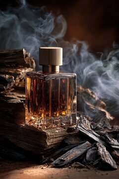 Luxurious perfume bottle on cedar planks with smoke and charred wood