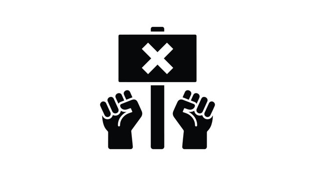 Bold black silhouette illustration featuring two raised human fists holding a protest sign with a clear white cross symbol on a solid light grey background
