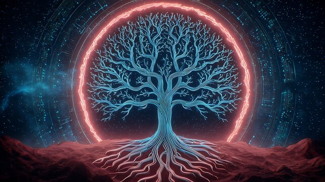 Techno Spiritual Illustration Ethereal Tree Design with Cosmic Background and Glowing Elements