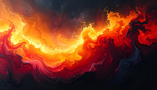 Fiery abstract fluid swirls of orange red and black paint mixing for explosive energy