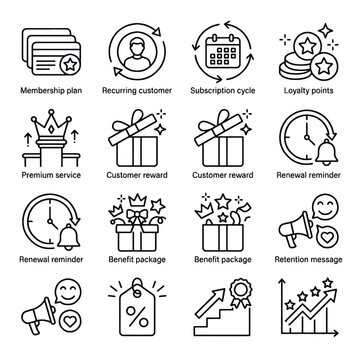 Set of icons representing customer loyalty, rewards, and business growth strategies.