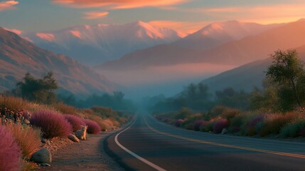 Fototapeta premium Scenic mountain road at sunrise, bathed in soft golden light with misty valleys and vibrant wildflowers