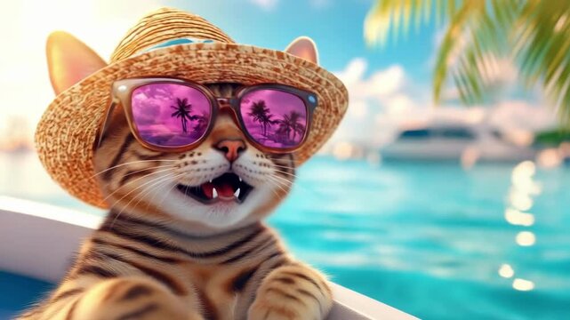 Cute ginger kitten wears sunglasses and straw hat on tropical beach vacation. Adorable tabby cat relaxing at beachside resort. Summertime fun.
