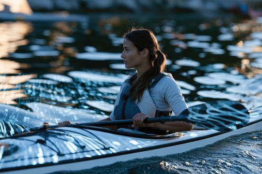 A woman kayaker displays focus and strength while paddling through shimmering waters, capturing the essence of empowerment and adventure in an agile sport setting.
