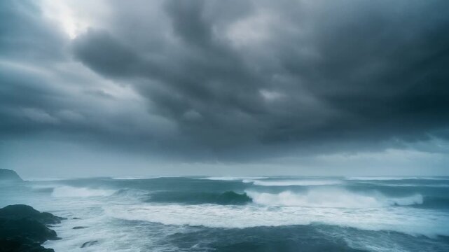 Dramatic Stormy Sea Timelapse with Powerful Waves and Fast Moving Dark Clouds over the Ocean, Cinematic Full HD Nature Background