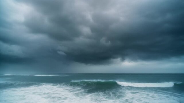 Cinematic Seascape of Intense Ocean Waves and Heavy Rain Clouds in a Dramatic Stormy Environment, Full HD Nature Motion Background