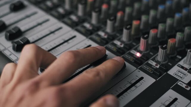 Angled close-up of producer's fingers fine-tuning a fader on a professional mixing console. The shot features a blinking indicator light and multiple knobs in a recording studio.