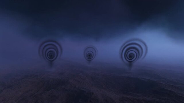 Cinematic Seamless Loop of Mysterious Dark Fog and Spirals Rolling Over Barren Night Landscape, Sci-Fi Motion Background