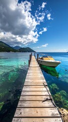 Obraz premium Wooden pier stretches into clear blue waters, a small boat docked, with mountains visible in the distance