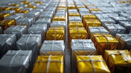 Fototapeta premium Rows of Wrapped Packages in Warehouse Arrangement