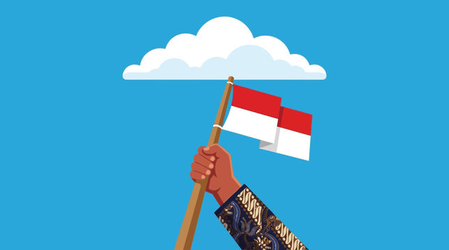 Indonesian flag waving hand under cloud blue background