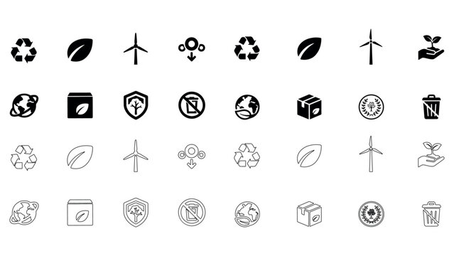 Ecological and environmental icon pack featuring wind power sustainable growth earth conservation and waste reduction symbols for green branding.