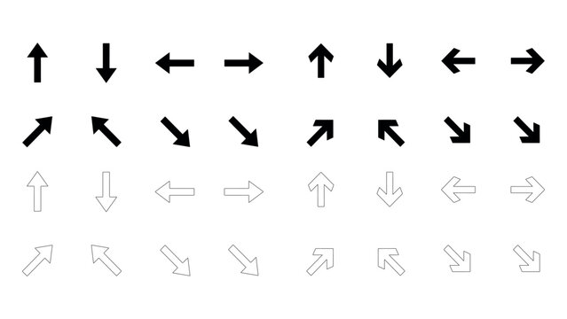 Directional arrow collection featuring various solid and outline pointer styles for web navigation maps and interface design elements for your project.