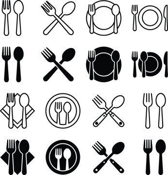 For and spoon icon set. Eatery symbol. Kitchen utensil vector illustration. Tableware serving sign. Crossed fork and spoon pictogram. Menu button.