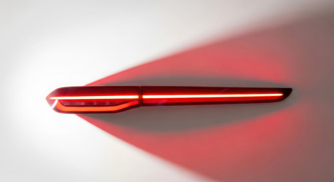 Close-up of a contemporary vehicle's illuminated red LED taillight, emphasizing innovative automotive lighting and safety features on white background. on white background