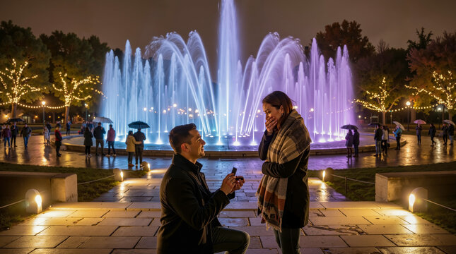 A man proposing to a woman in front of a fountain at night