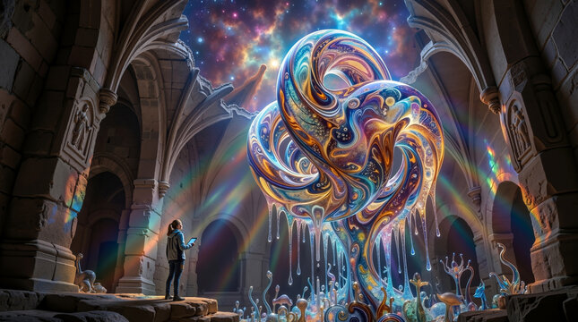 A person standing in a building with a giant octopus in the middle of it