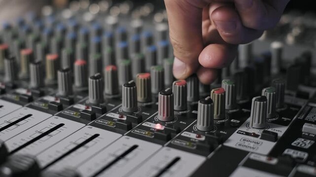 Close up of a hand adjusting control knobs on a professional audio mixing console. This concept illustrates sound engineering and precise audio calibration in a studio.