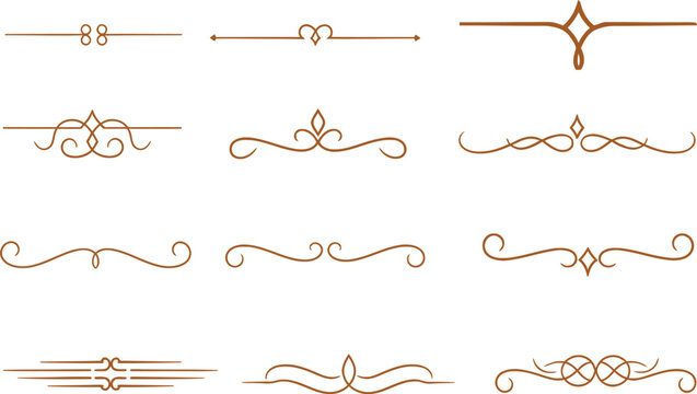 Collection of elegant brown swirl line dividers and decorative borders isolated on white background