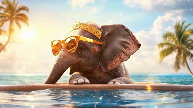Elephant wearing sunglasses and a golden crown and relaxing on a boat on a tropical beach vacation, conceptual design for travel advertising or holiday card