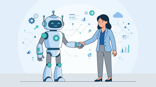 This flat design illustration showcases a humanoid robot and a human collaborating, symbolizing the future of work and partnership between humans and artificial intelligence. 