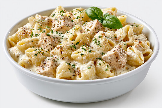 Chicken Alfredo Pasta Isolated on White Background