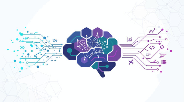 This flat design illustration depicts an abstract human brain interacting with a complex data network, symbolizing artificial intelligence processing information and learning.
